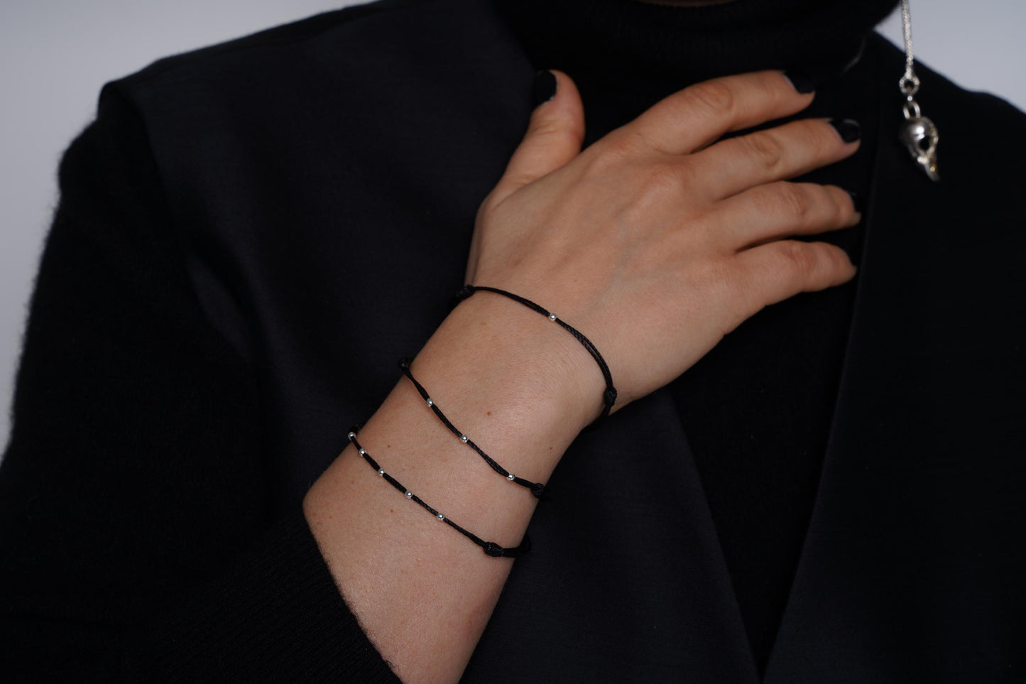 Minimalist Black cord bracelet with Sterling Silver Beads - Adjustable handmade Wax String Bracelet for Men & Women - Unisex Thin Gift Ready
