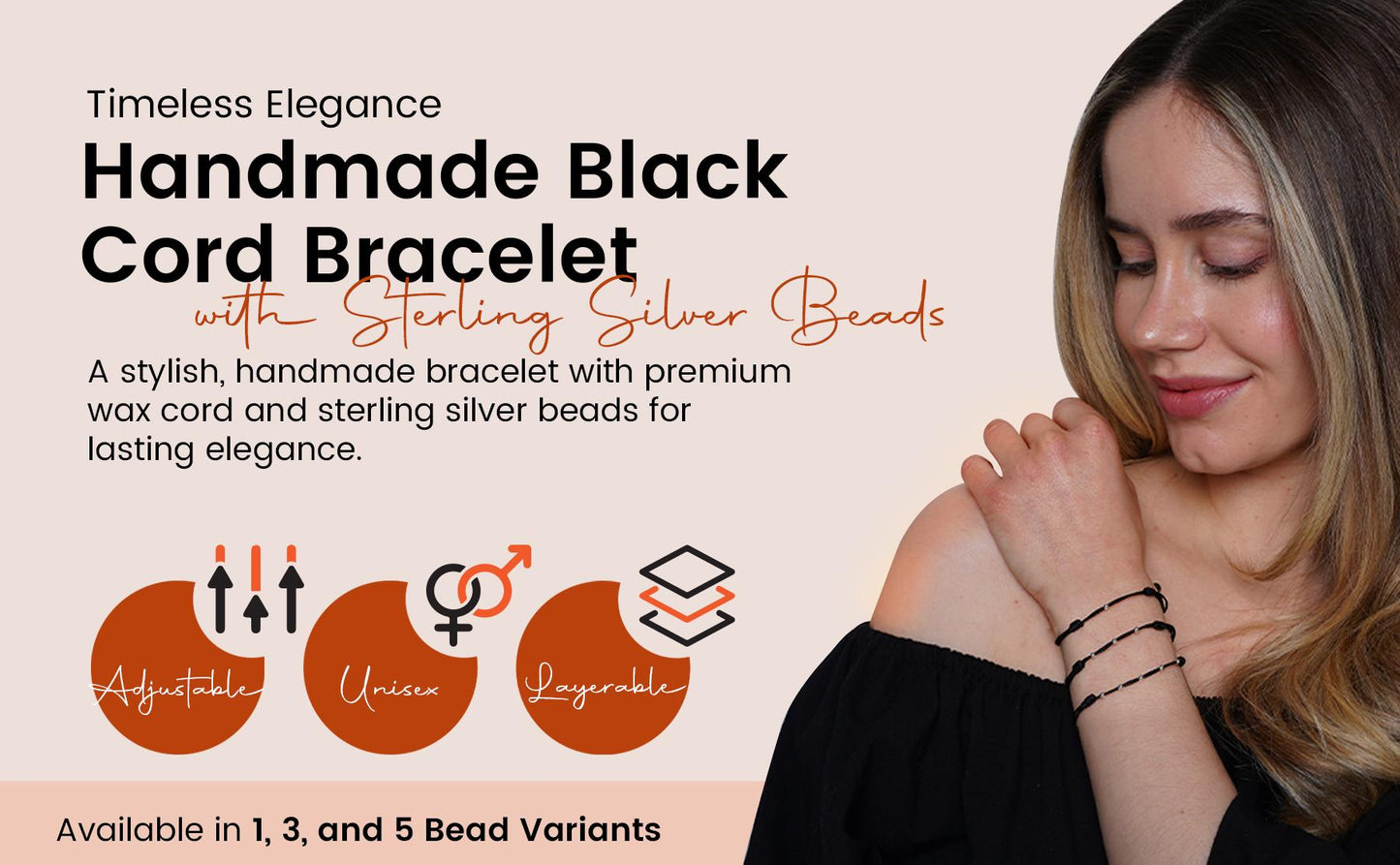 Minimalist Black cord bracelet with Sterling Silver Beads - Adjustable handmade Wax String Bracelet for Men & Women - Unisex Thin Gift Ready