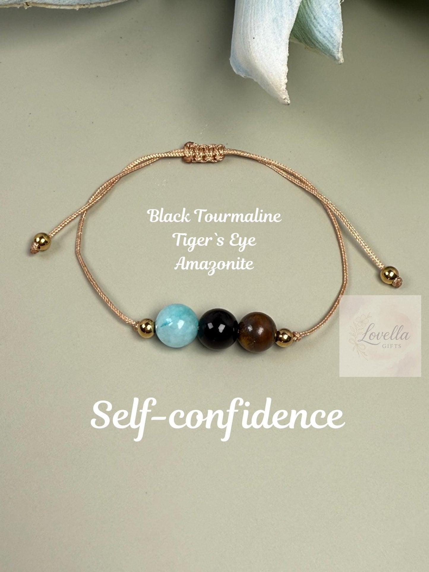 Confidence crystals, Self-confidence 3 bead bracelet, Amathonite Tourmaline Tigers eye beige bracelet Beaded confidence bracelet Self-esteem