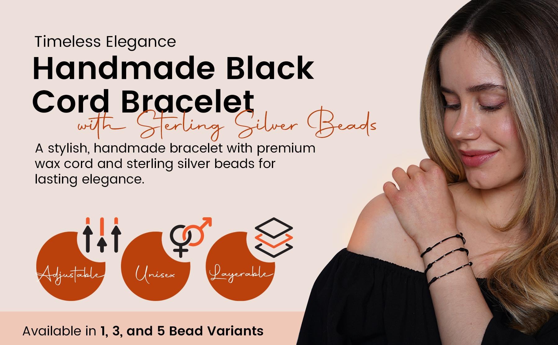 Minimalist Black cord bracelet with Sterling Silver Beads - Adjustable handmade Wax String Bracelet for Men & Women - Unisex Thin Gift Ready