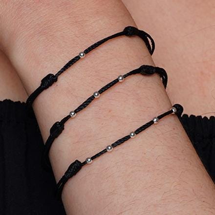 Minimalist Black cord bracelet with Sterling Silver Beads - Adjustable handmade Wax String Bracelet for Men & Women - Unisex Thin Gift Ready