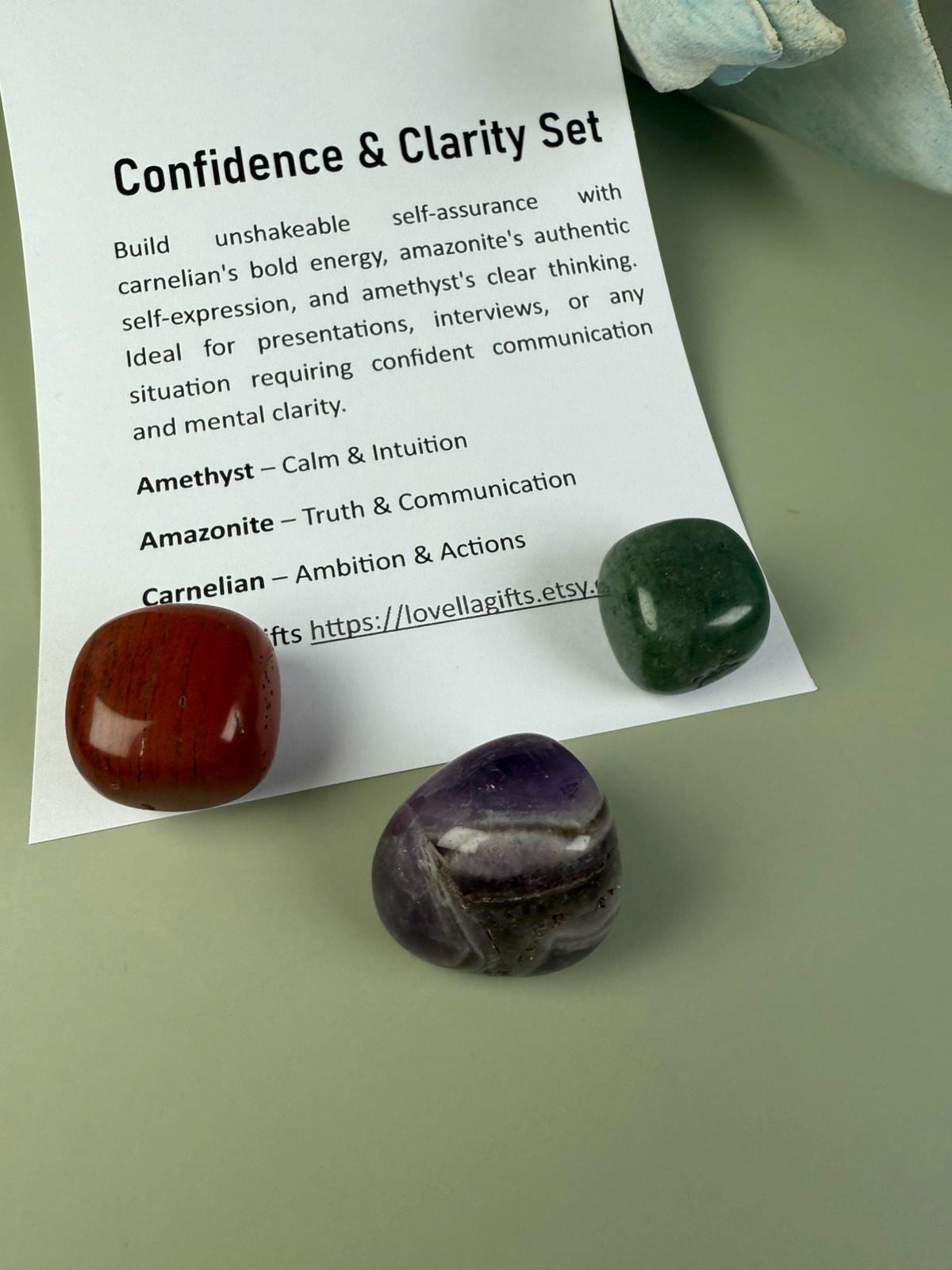 Prosperity crystals: Carnelian Jewelry, Amazonite & Amethyst Pocket Crystal Kit, Worry stones