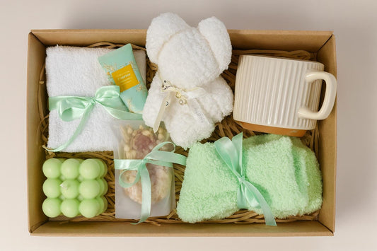 encouragement gift, mom gift set, hygge gift box, thinking of you, cozy care package, self care basket, blanket gift box.