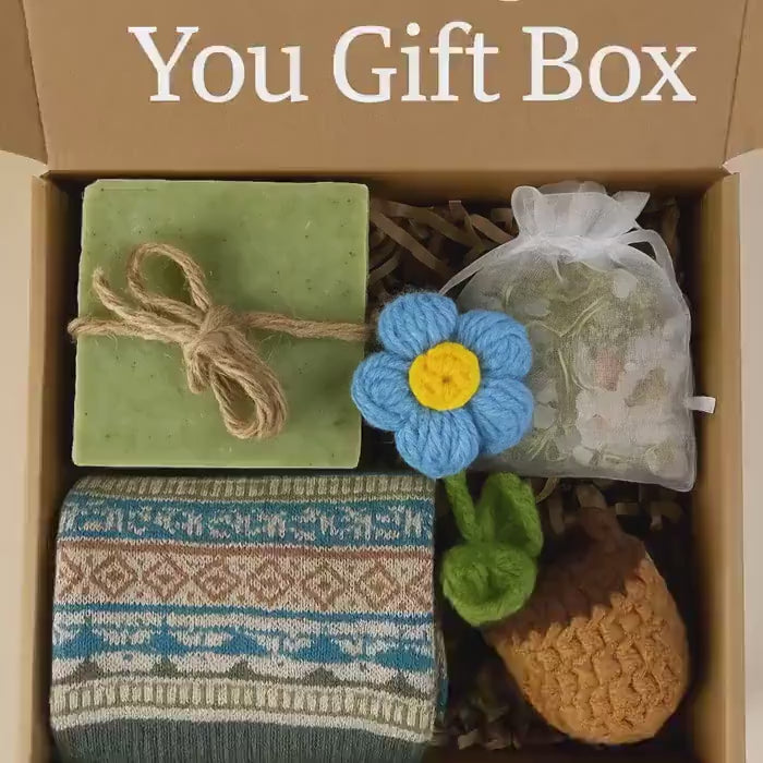 Thinking of You Gift Box with Soap, Socks, Bath Salt, Crochet Flower, Care Package