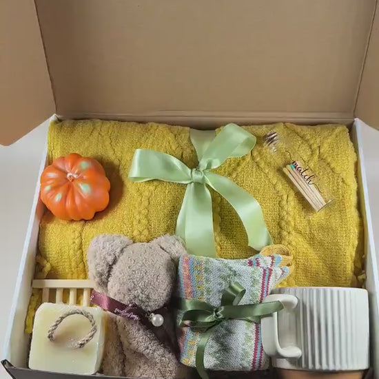 Fall Care Package Gift Box: Cozy Blanket, Candle & Socks, Hug in Box