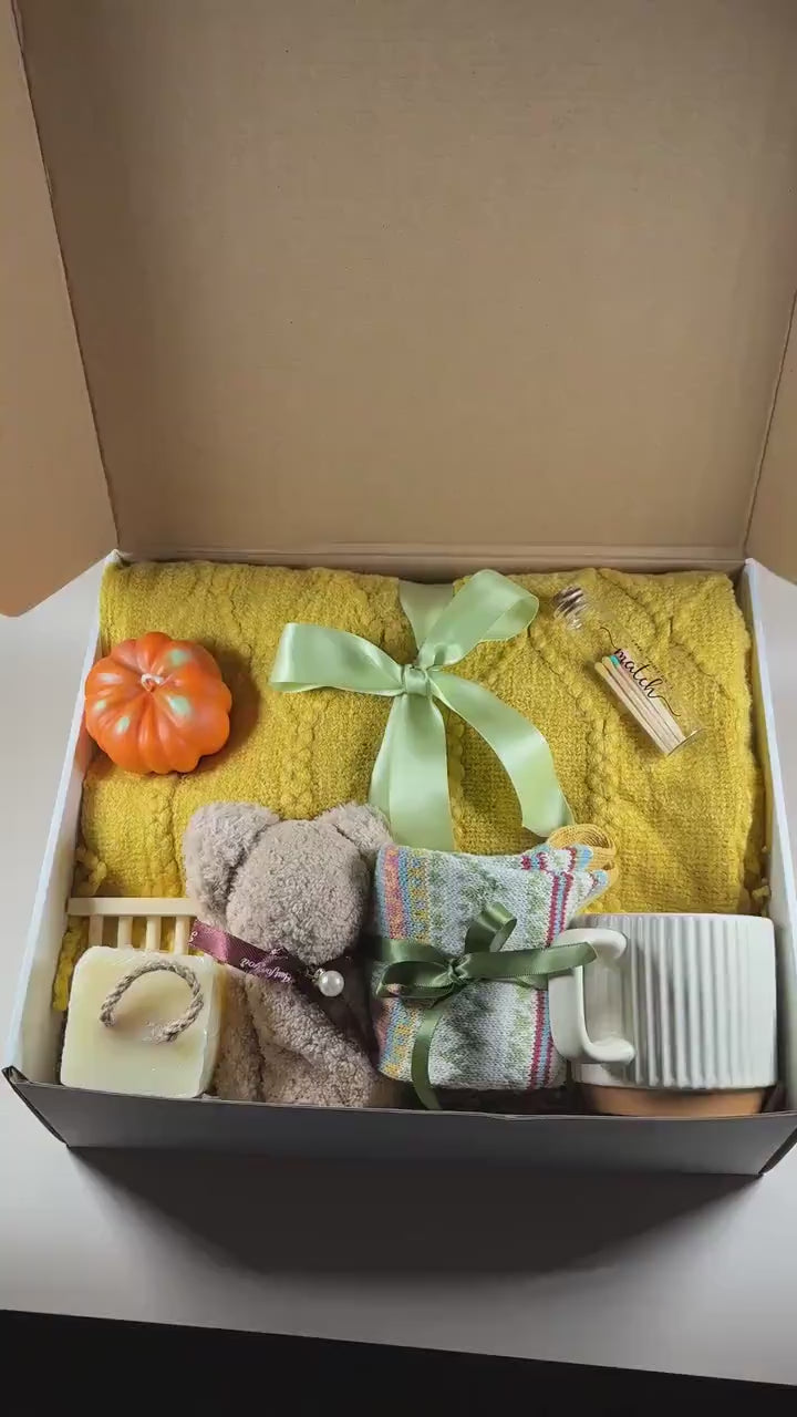 Fall Care Package Gift Box: Cozy Blanket, Candle & Socks, Hug in Box