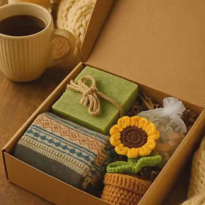 Hug in Box Gift with Handmade Soap Socks Bath Salt Sunflower Keepsake Set